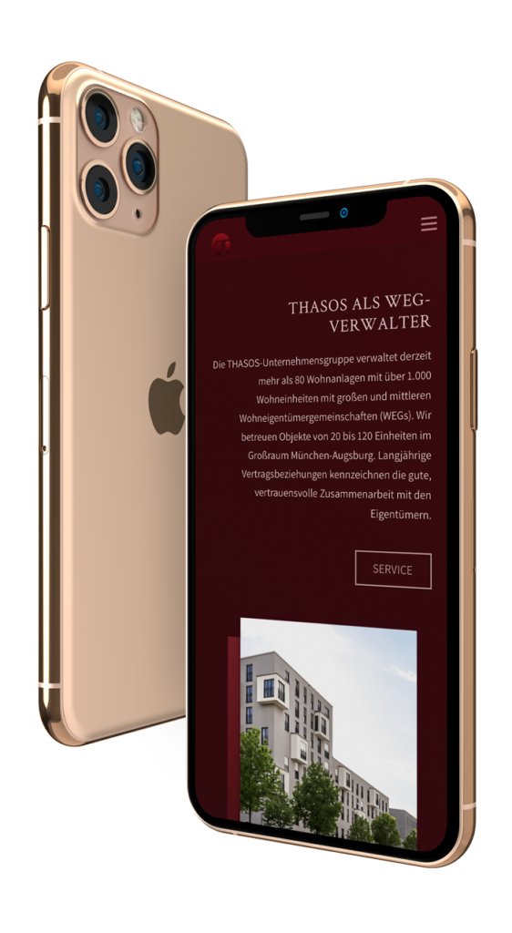 iPhone mit Unterseite der THASOS Unternehmensgruppe