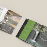 Aufgeschlagene FRISTO Unternehmensbroschüre mit Infografiken und Naturmotiv
