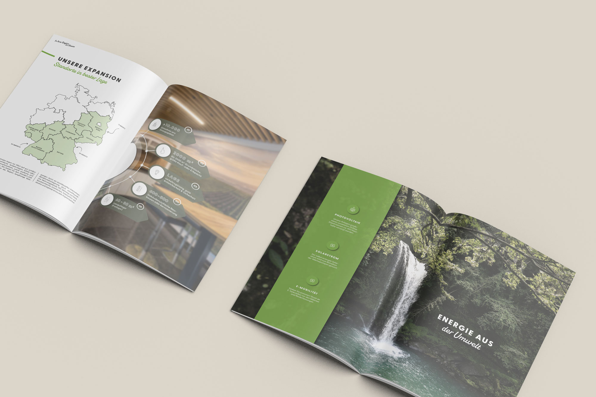 Aufgeschlagene FRISTO Unternehmensbroschüre mit Infografiken und Naturmotiv