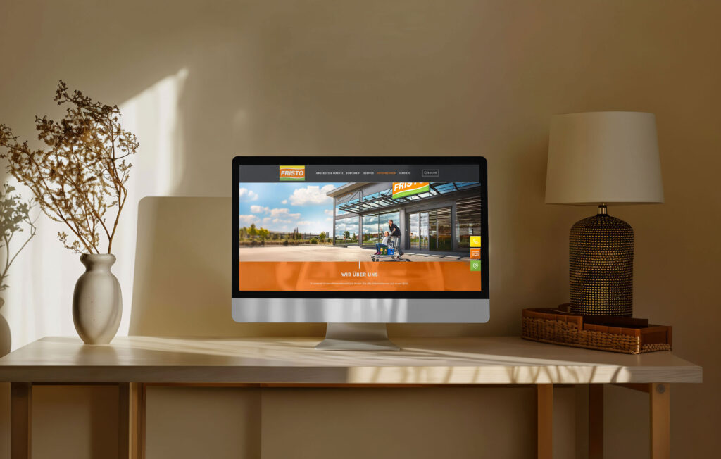 Desktop-Computer mit Darstellung der FRISTO Website auf einem Tisch in wohnlicher Umgebung
