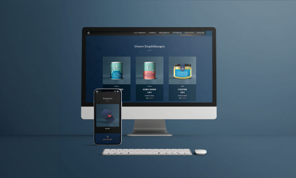 Desktop-Computer und Smartphone mit Darstellung des Fisch Witte Onlineshops und Produktübersicht