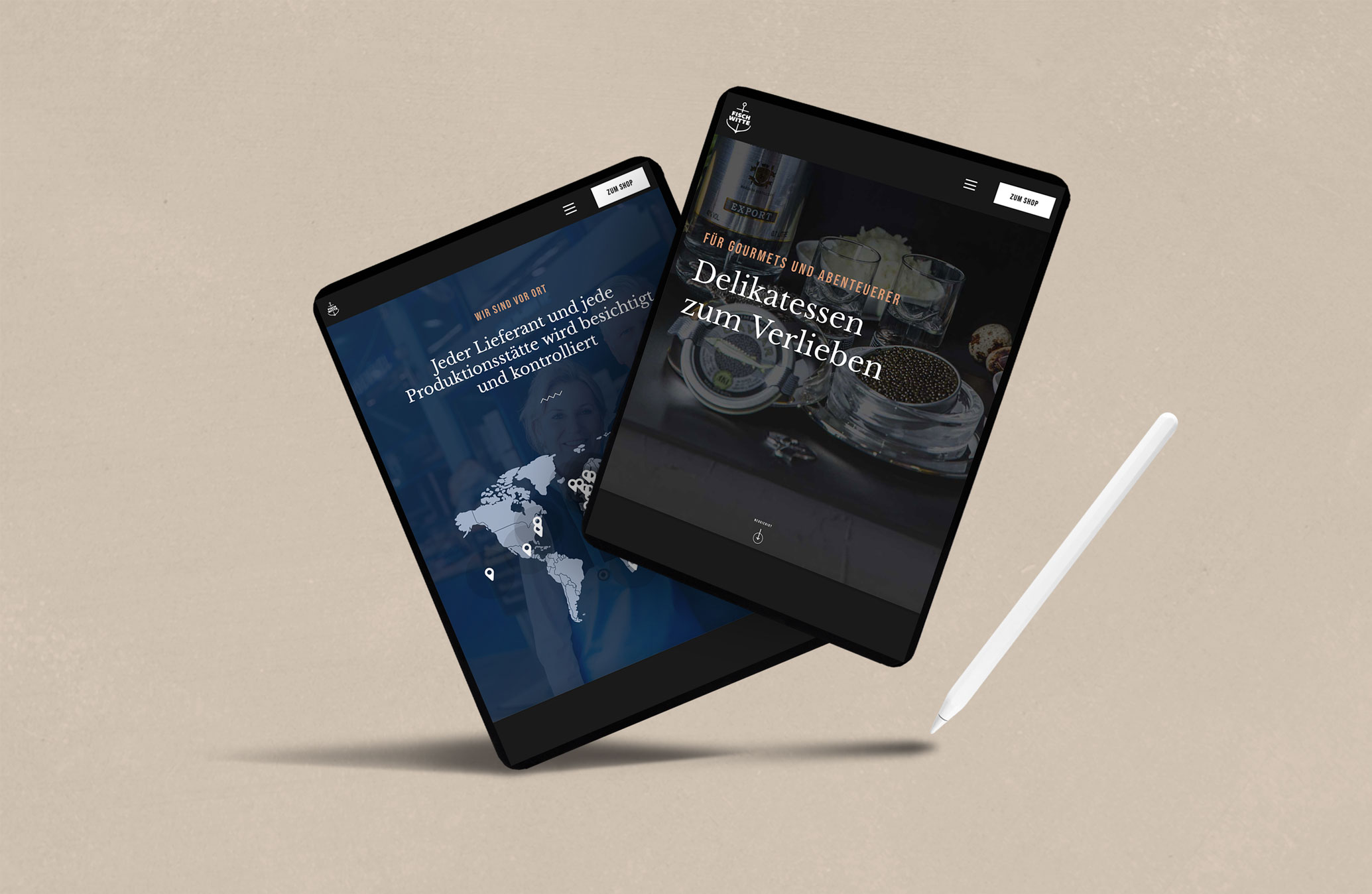 Zwei Tablets mit Darstellung der Fisch Witte Website mit Inhalten und Produktwelt