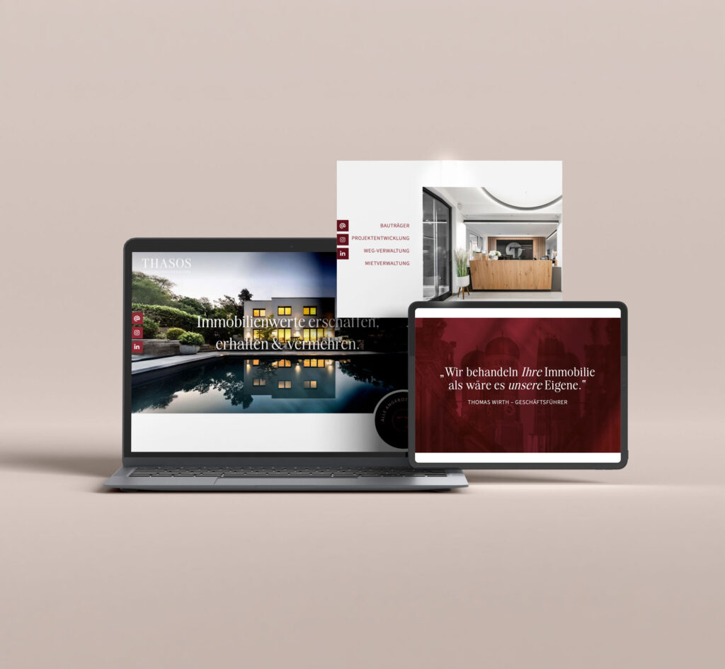 Website Mockup der Thasos Unternehmensgruppe auf Laptop und Tablet mit Immobilienprojekten in Augsburg und München