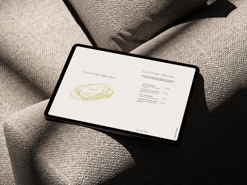 Digitale Speisekarte des Café Zeitgeist auf Tablet mit minimalistischer Gestaltung