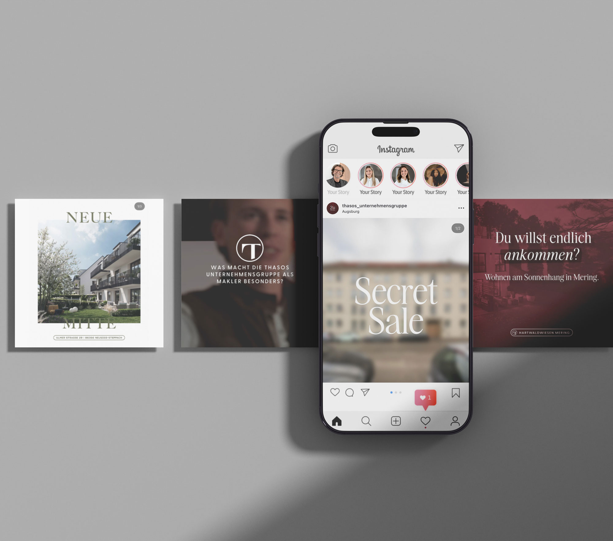 Instagram Mockup auf Smartphone mit Social Media Beiträgen der Thasos Unternehmensgruppe zu Immobilienprojekten